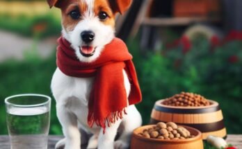 kiskutya ül az asztalon a kutyakajás edény mellett