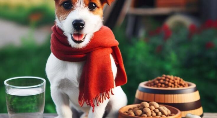 kiskutya ül az asztalon a kutyakajás edény mellett