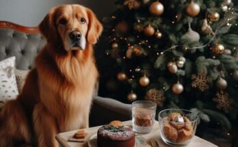 kutya ül a karácsonyfa és az asztal mellett