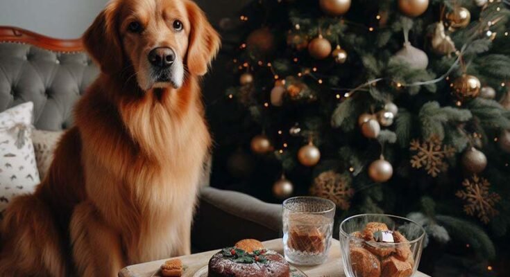kutya ül a karácsonyfa és az asztal mellett