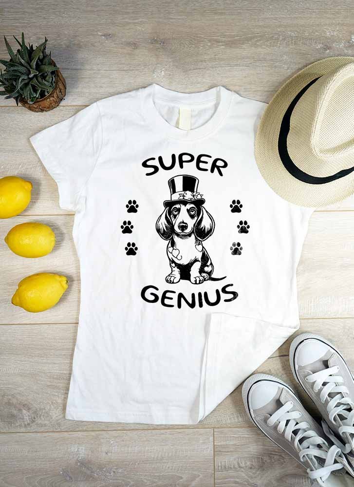Fehér super genius feliratú aranyos tacskós póló