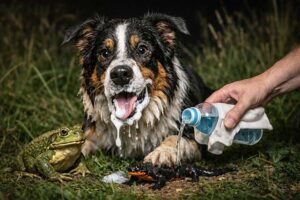 Kutya habzó szájjal béka vagy gőte megnyalása után, gazdi vízzel öblíti a száját