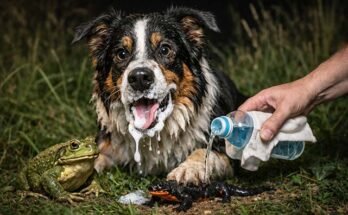 Kutya habzó szájjal béka vagy gőte megnyalása után, gazdi vízzel öblíti a száját