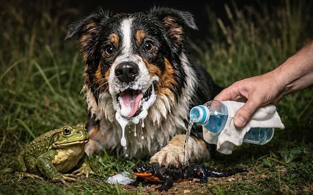 Kutya habzó szájjal béka vagy gőte megnyalása után, gazdi vízzel öblíti a száját