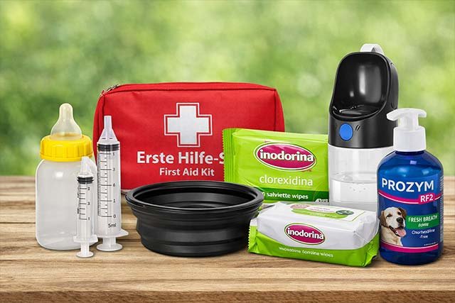Kutyás elsősegély eszközök: fecskendő, itatós palack, törlőkendő és szájápoló termékek vészhelyzetekre