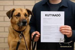 Közepes testű keverék kutya pórázon, mellette gazdája papírlapot tart a kezében – illusztráció a közelgő kutyaadóról.