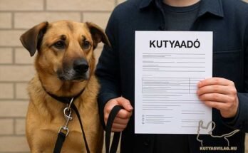 Közepes testű keverék kutya pórázon, mellette gazdája papírlapot tart a kezében – illusztráció a közelgő kutyaadóról.