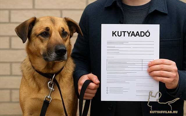 Közepes testű keverék kutya pórázon, mellette gazdája papírlapot tart a kezében – illusztráció a közelgő kutyaadóról.