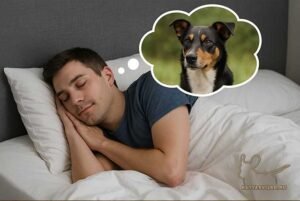 Egy fiatal férfi békésen alszik ágyában, miközben egy gondolatbuborékban egy trikolor kutya képe jelenik meg – az álmaiban.