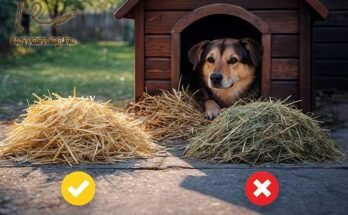 Egy barna-fehér kutya kényelmesen fekszik egy kutyaház előtt, amely szalmával és szénával is ki van bélelve, illusztrálva a kétféle alomanyag közötti különbséget.